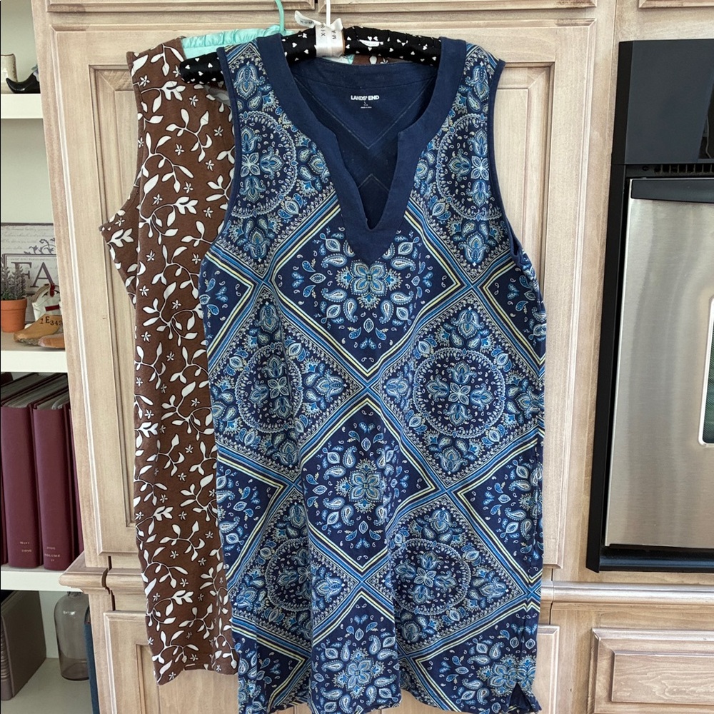 Lands' End Navy & Light Blue Medallion Sleeveless Dresses tan & white